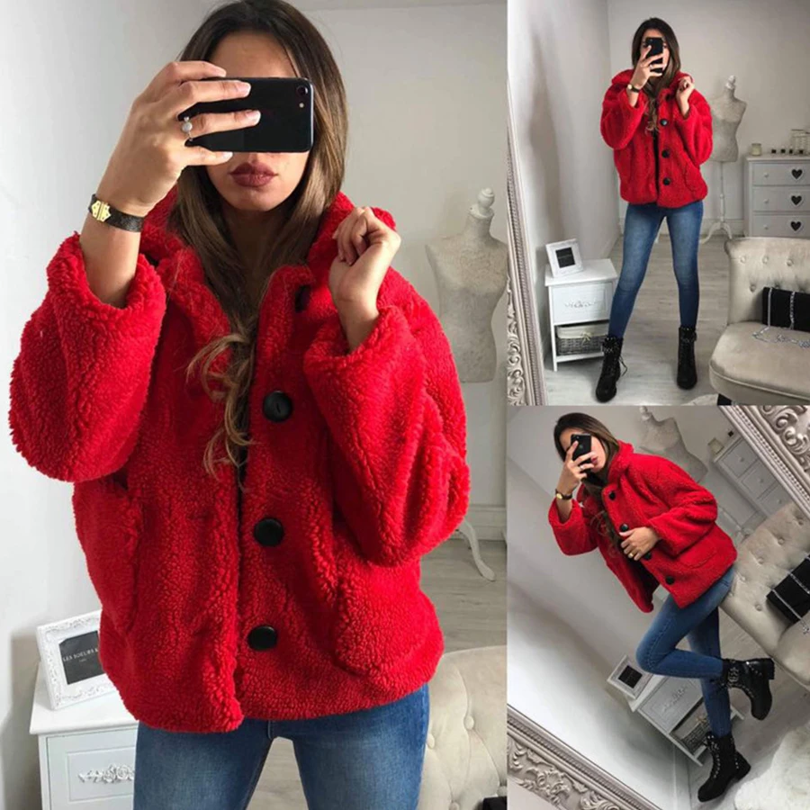 wonderful  Simple Solid Plush Women's Jacket Casual Long Sleeve Single Breasted Red Jacket Woman Winter Warm a