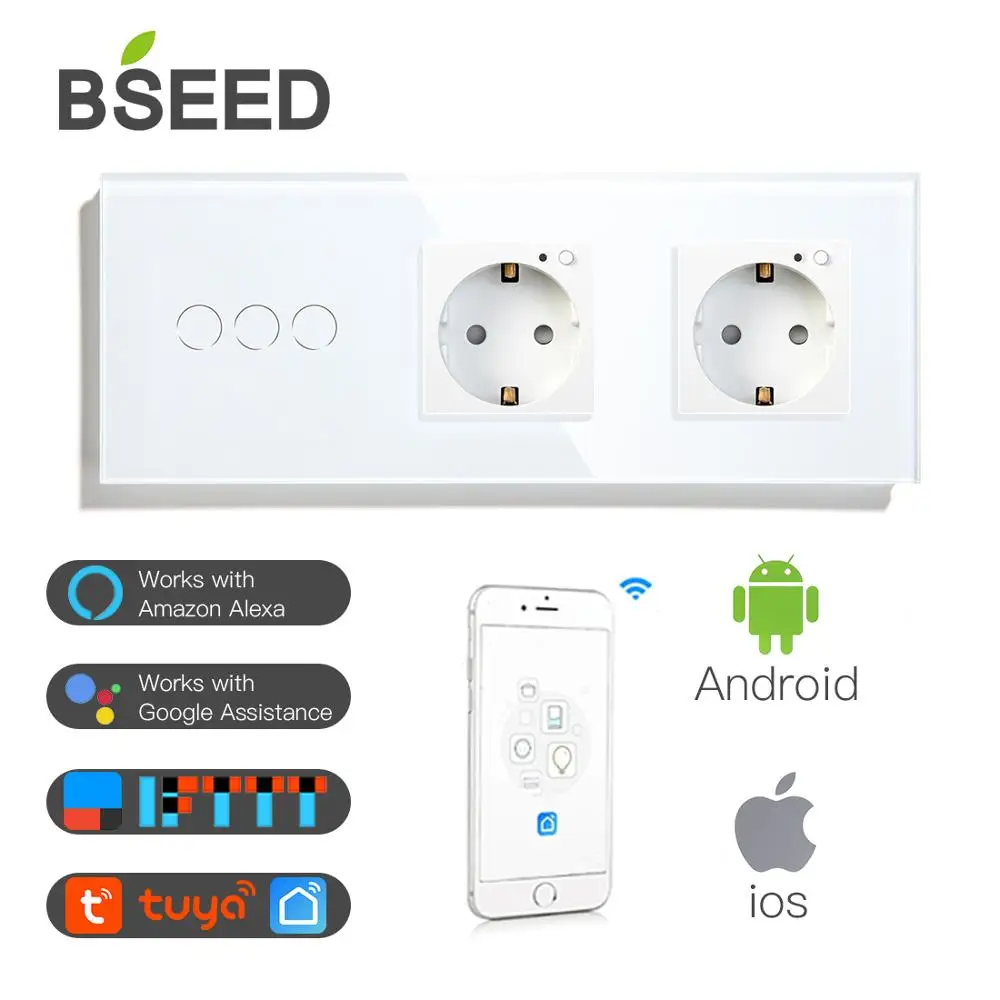 BSEED Double WiFi EU Sockets 3Gang Switch With White Black Gloden Crystal Glass Panel Control by Alexa Google Tuya