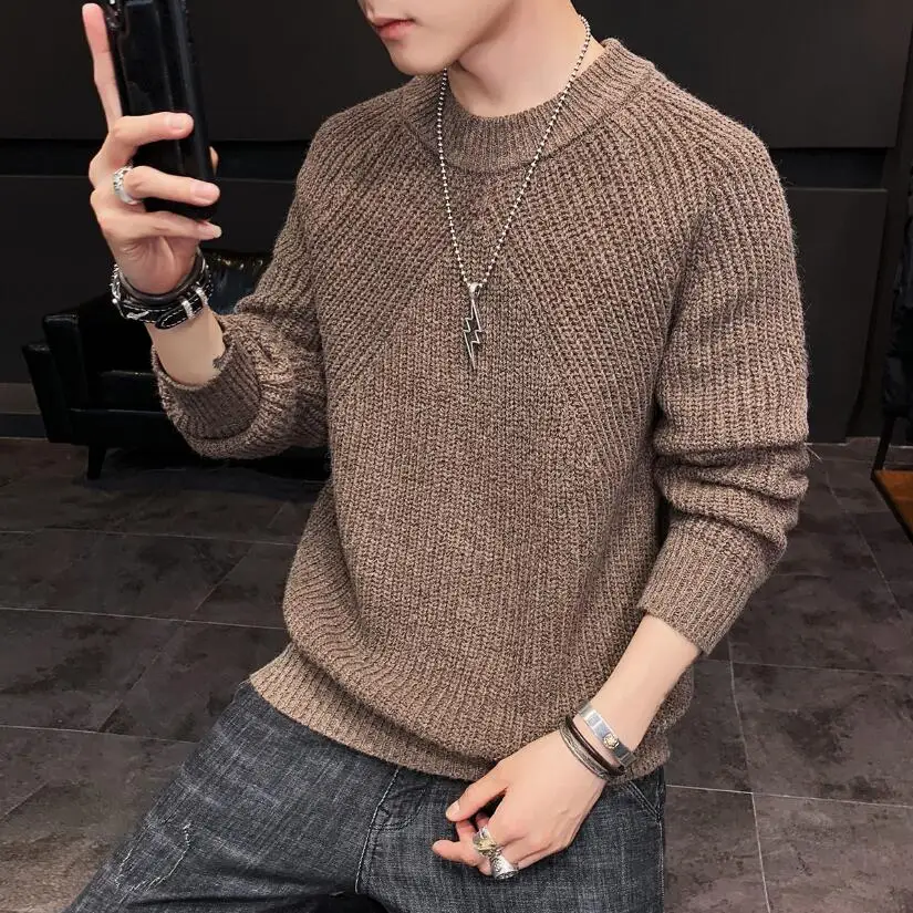 Осенний зимний хлопковый тонкий свитер мужской пуловер Повседневный джемпер для мужчин вязанная Корейская стильная одежда размера плюс S-5XL - Цвет: coffee