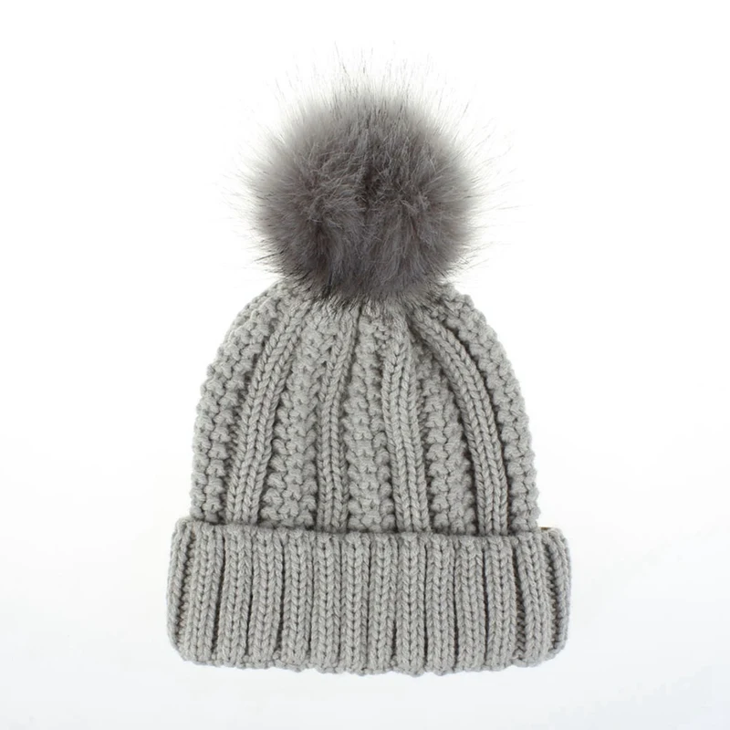 Милая зимняя вязаная шапочка для мамы, женщин, детей, детская шерстяная шапочка для мальчиков и девочек, меховые шапочки с помпонами