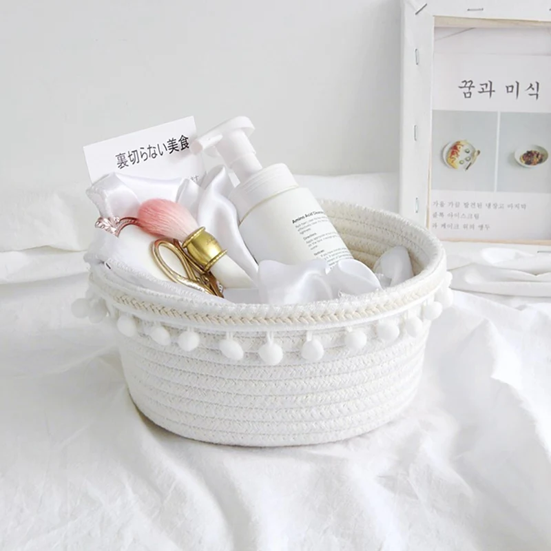 Household Unique Woven Wool Ball Storage Basket Home Decoration Cotton Thread Storage Basket White Laundry Basket