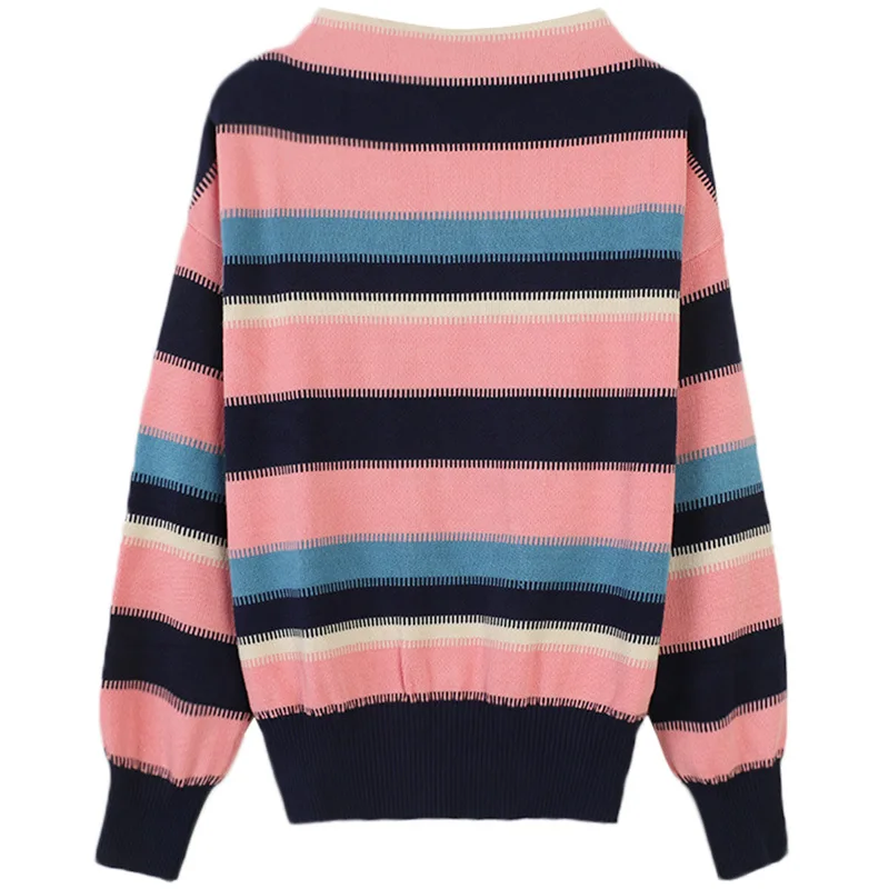 

Tunjuefs Elegant Color Block Striped Sweater Women Jumper Multi-Color Loose Knitted Top Runway Pullovers Long Sleeve Streetwear