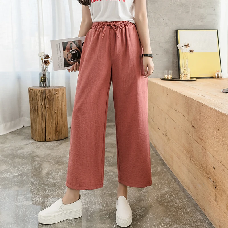 Pantalones holgados de lino y algodón para mujer, pantalón informal, holgado, con cintura elástica y pierna ancha, color negro, para primavera y verano, 2021