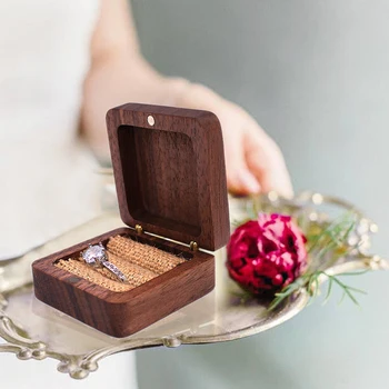 

Home Travel Storage Holder Bearer Case Ceremony Black Walnut Gift Jewelry Rustic Wedding Engagement Ring Box Bride Groom Small
