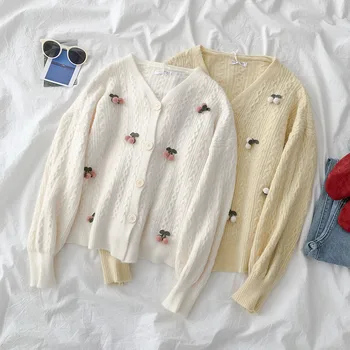 

sweet knitted women sweater and cardigan flower solid v-neck long-sleeved high waist loose lady elegant outwear coat tops