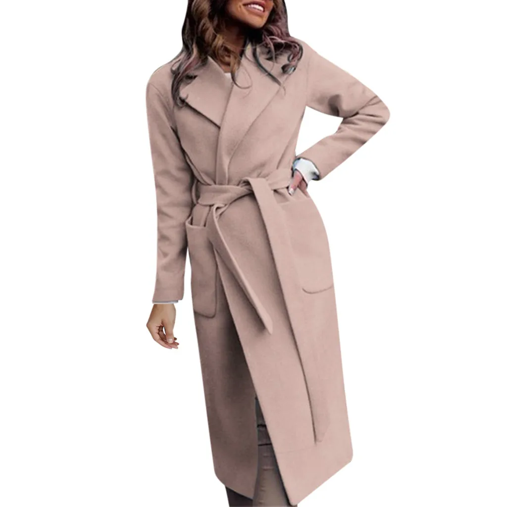 Модная женская Повседневная осенне-зимняя куртка женская элегантная Регулируемая талия с поясом куртки однотонного цвета с длинными рукавами#902 - Цвет: KH