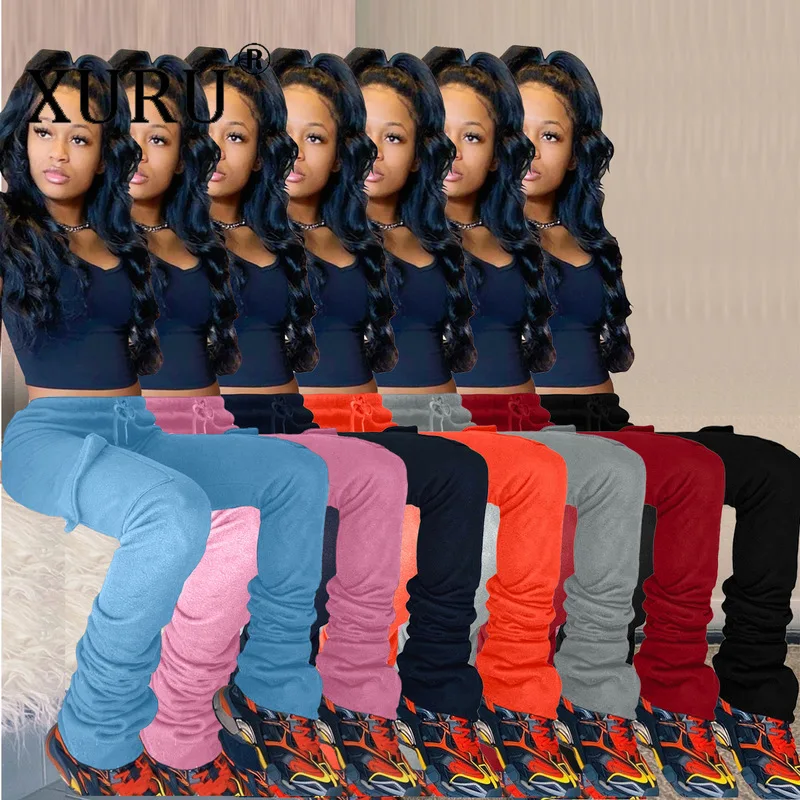 

XURU European and American Winter New Women's Trousers Thickened and Velvet Urban Leisure Sports Drawstring Pile of Pants