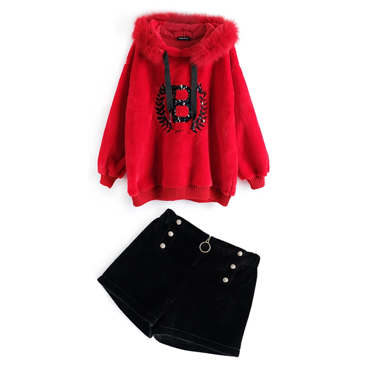 Red and Black set Высококачественная зимняя свободная толстовка с капюшоном, с капюшоном, с блестками и надписью, имитация кроличьей шерсти+ повседневные шорты Комплект из двух предметов - Color: Red and Black set