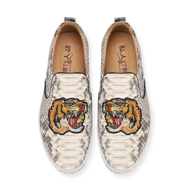 

Cool Tiger Head Designer Authentic Python Leather Men Casual Flat Loafers Shoes Exotic Genuine Real Snakeskin Male Slip-on Shoes
