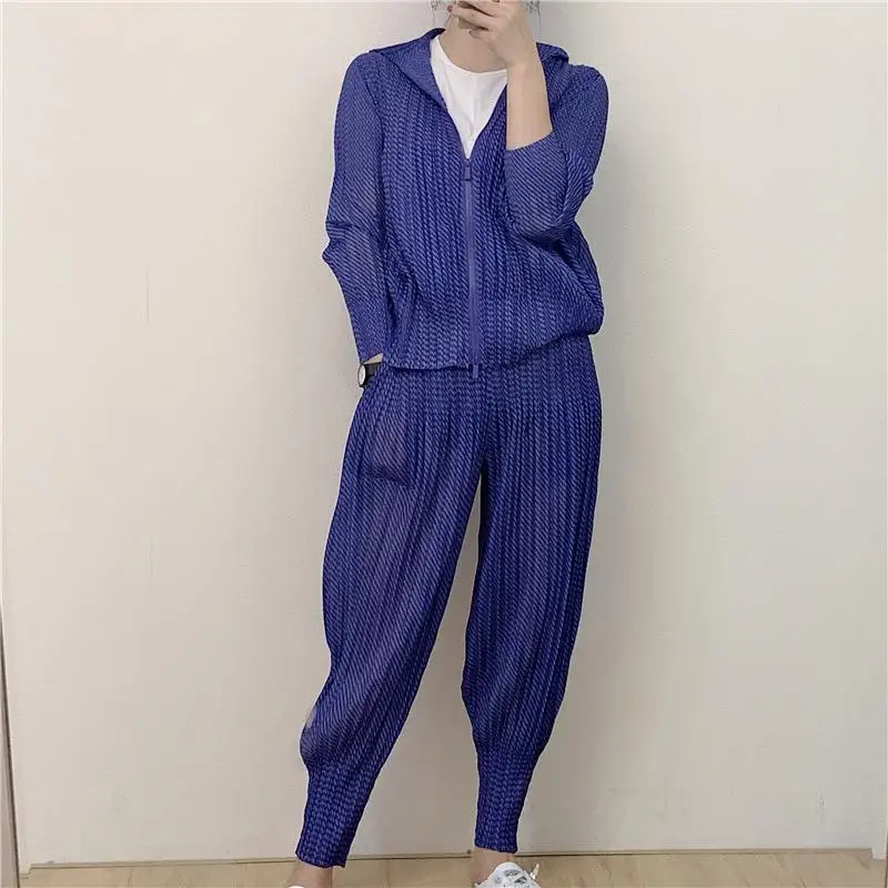 blue Осенние женские плиссированные модные новые приливные свободные куртки с капюшоном на молнии брюки комплекты одежды из двух предметов - Цвет: blue