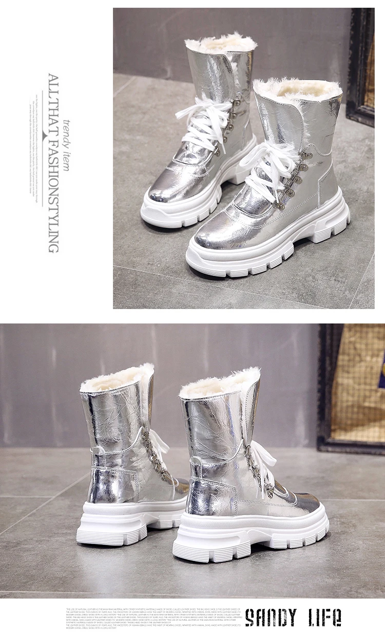 Блестящие Серебристые зимние ботинки для женщин; Новинка года; модные кожаные ботинки на меху; женская обувь; черные ботильоны на платформе; теплые замшевые ботинки в стиле панк