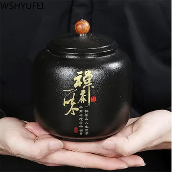 

WSHYUFEI black pottery tea can Chinese Porcelain Ceramic Jar Portable Sealed Jar Storage Tea Boxes Candy Spice storage tank