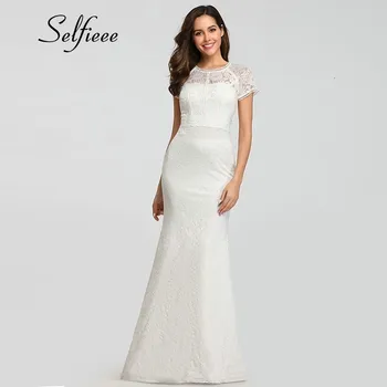 

Ladies Elegant Empire Waist Lace Dress White Mermaid O-Neck Short Sleeve Maxi Dress Summer Bodycon Women Dress 2020 Ropa Mujer