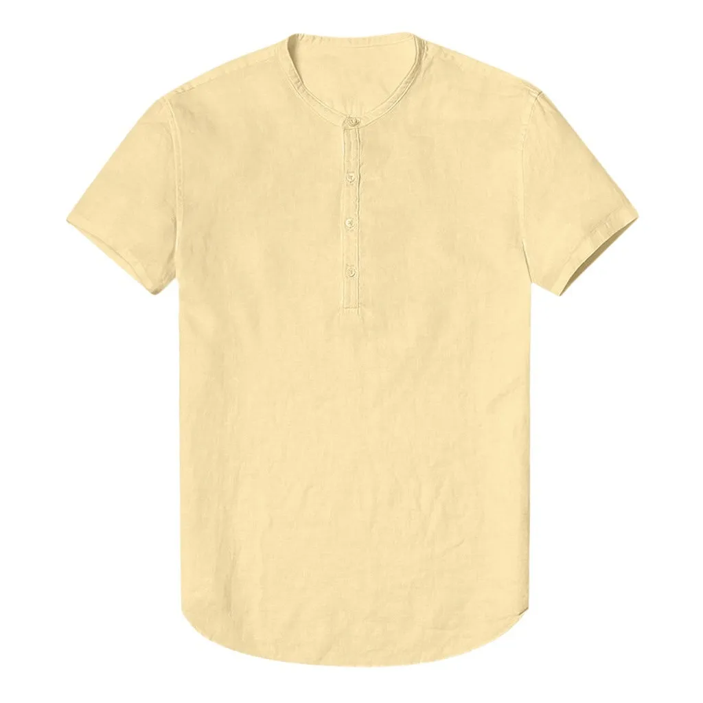 Мужская однотонная свободная хлопковая льняная рубашка с пуговицами, простая повседневная рубашка с коротким рукавом, офисные дышащие комфортные Топы Gomlek# D