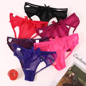 

New Hollow Out Sexy Women's Panties Low Waist Transparent Sexy Briefs With Bow Ladies Lingerie Underwear