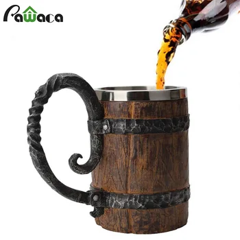 

550ml Simulation Wooden Barrel Double Layer Beer Mug Stainless Steel Drinking Cup Coffee Drinkware Handcrafted Whiskey Glass