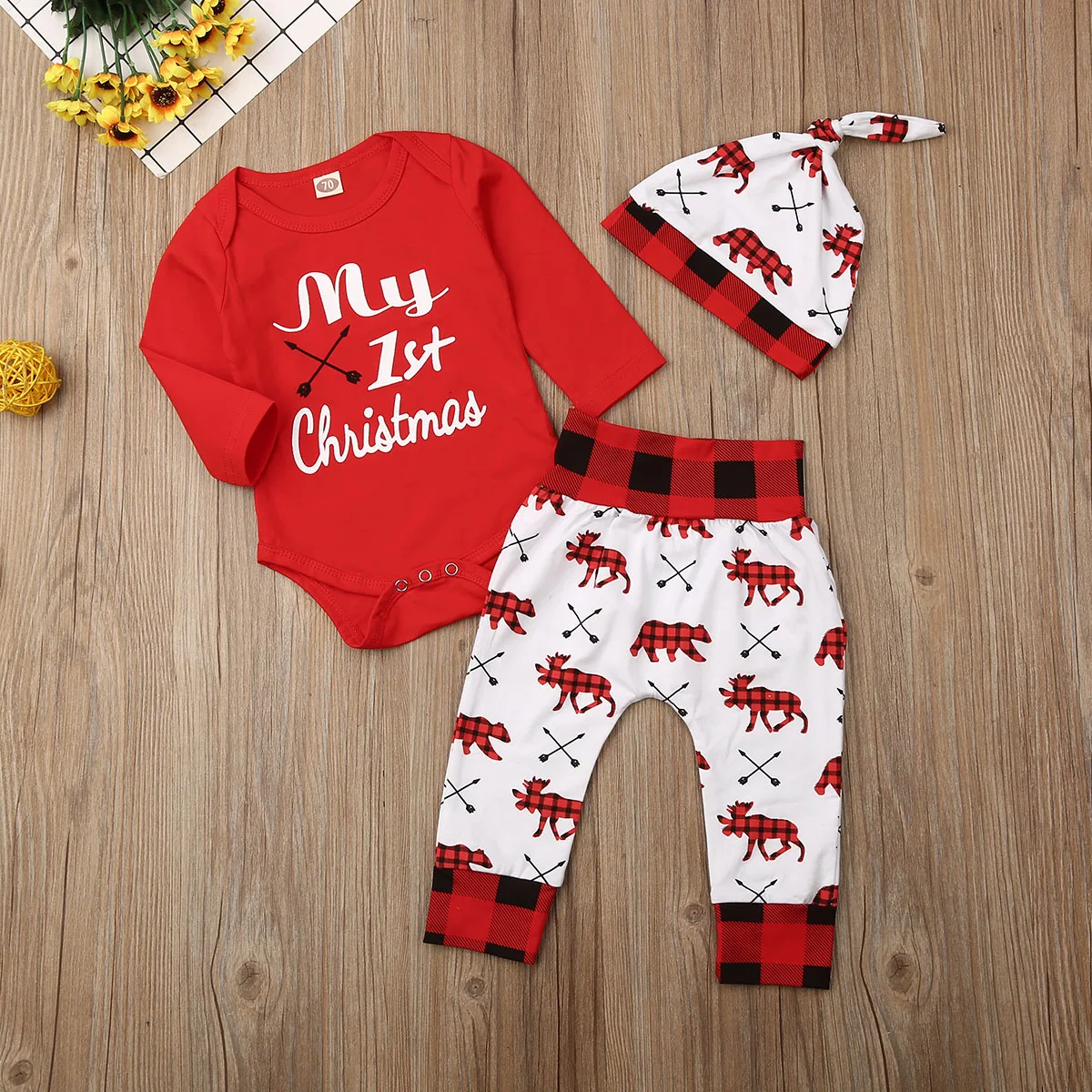 Милые детские комплекты для маленьких мальчиков и девочек Комбинезон с надписью «My First Christmas», топы в клетку, штаны с высокой талией Рождественский комплект