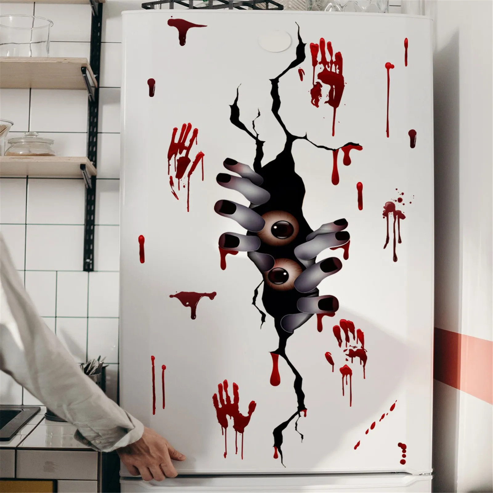 Creativo 3D Voyeur rotto occhi che fanno capolino sangue Handprint frigorifero Sticker Cabinet bagno decorazione di Halloween Wall Sticker #1 _ Immagine