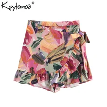 Винтажные Стильные шорты с оборками и цветочным принтом, юбки для женщин, модные, с высокой талией, с завязками на боку, на молнии, шорты