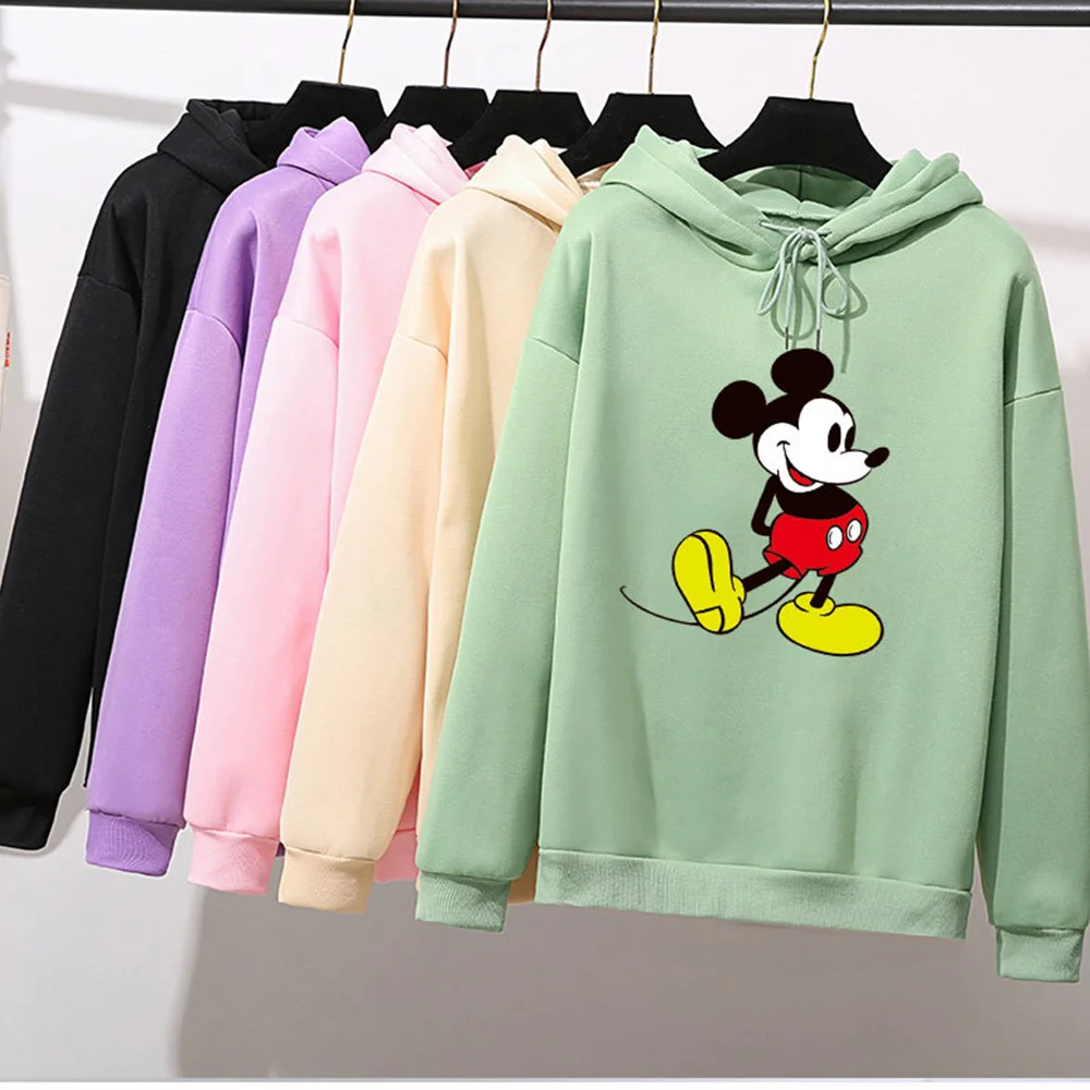 Disney Hoodies Women Kawaii Mickey Mouse Print Harajuku Sweatshirts Cotton Oversized Casual Hooded Black Hoodies Female Clothes