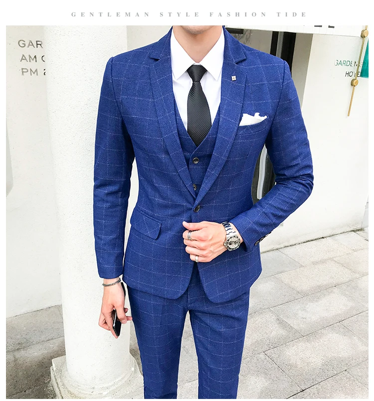 Warm Thick Set Men's Autumn And Winter Plus Size British Plaid Suit Male Korean Version Of The Self-cultivation Three-piece