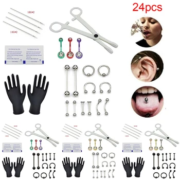 

24pcs Professional Body Piercing Tool Kit Ear Nose Navel Nipple Needles Set