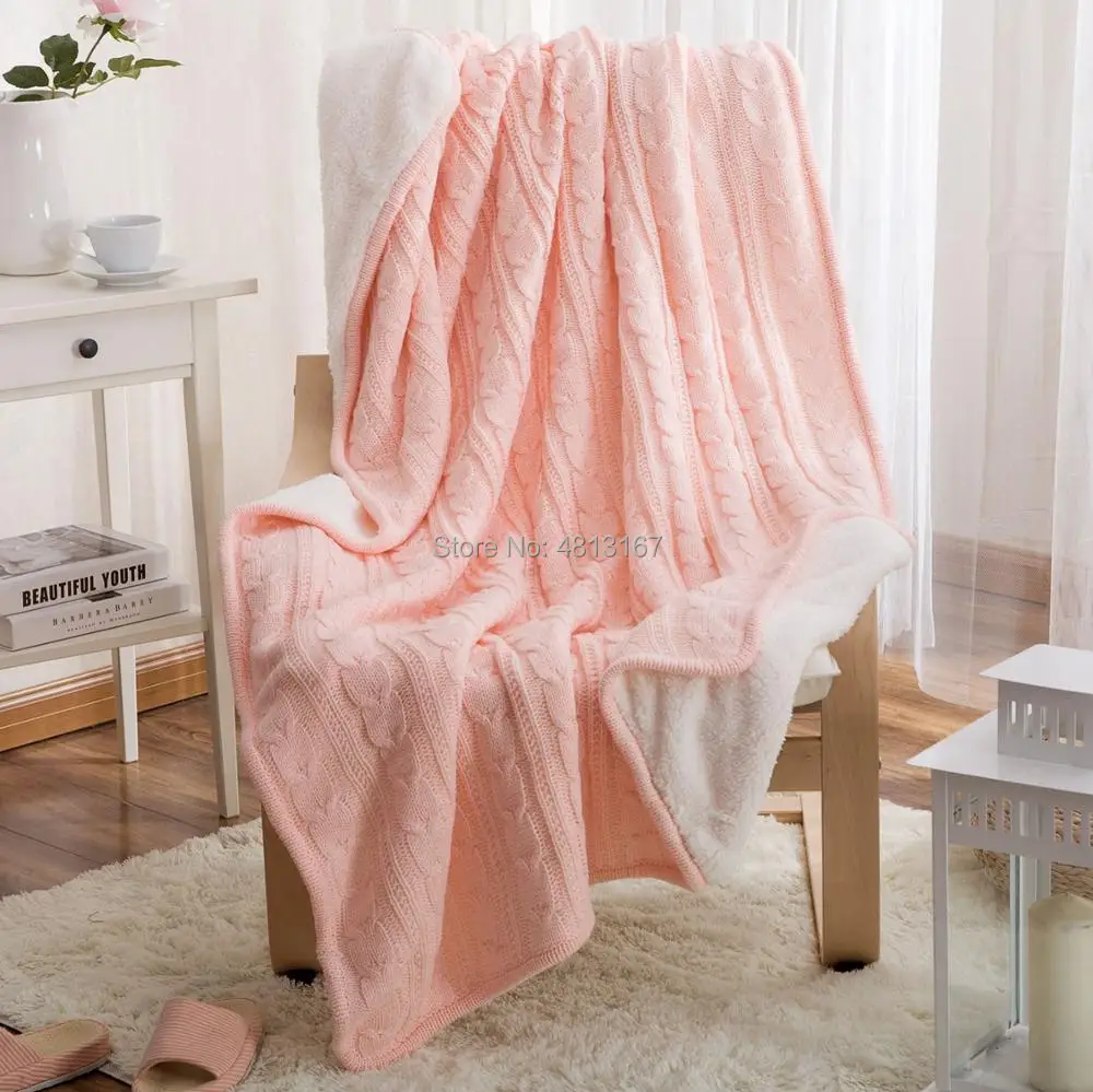 Плотное вязаное одеяло большого размера Двухслойное плотное вязаное плюшевое мягкое теплое одеяло зимняя кровать диван тв Флисовое одеяло - Цвет: Pink