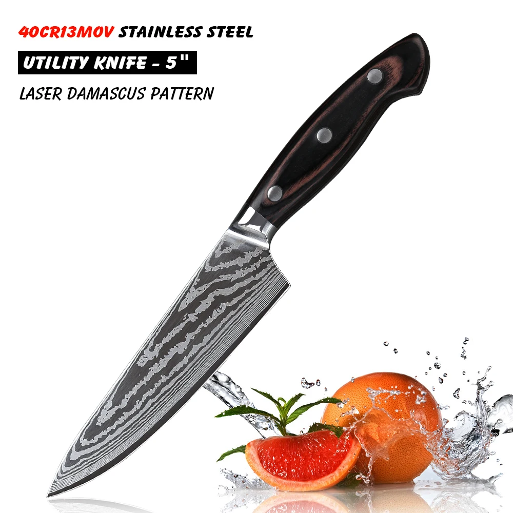 5 Inch Utility Knife Laser Damascus Pattern Multi-purpose Kitchen Super Sharp Fruit Paring Knives With Pakkawood Handle | Дом и сад