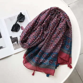 

Spring and autumn printing small fresh cotton and linen scarf women's long tassel scarf in summer luxury brand sweaters winter