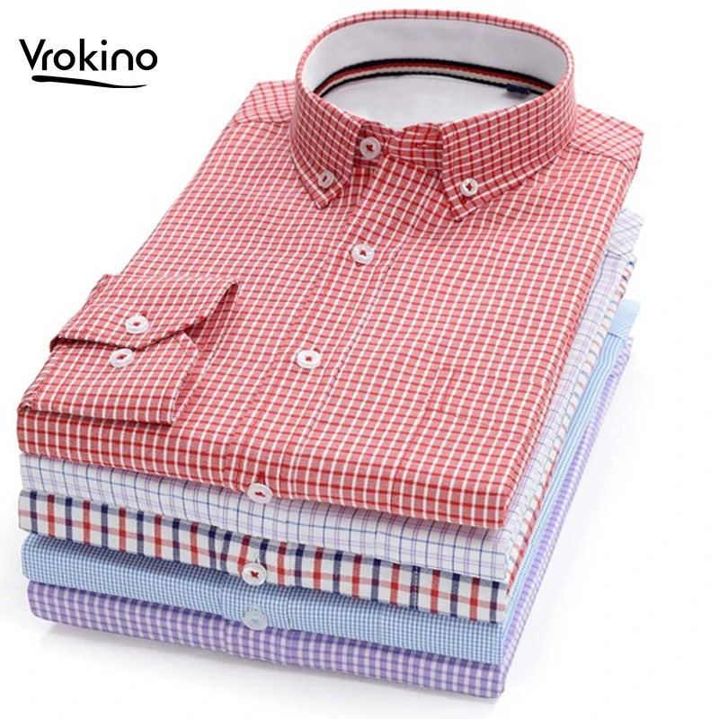 Skup VROKNONew marka 2019 nowa wiosna i jesień Plaid koszula z klapą biznes rozrywka moda 100% bawełna praca biurowa mężczyźni Shirt16 styl