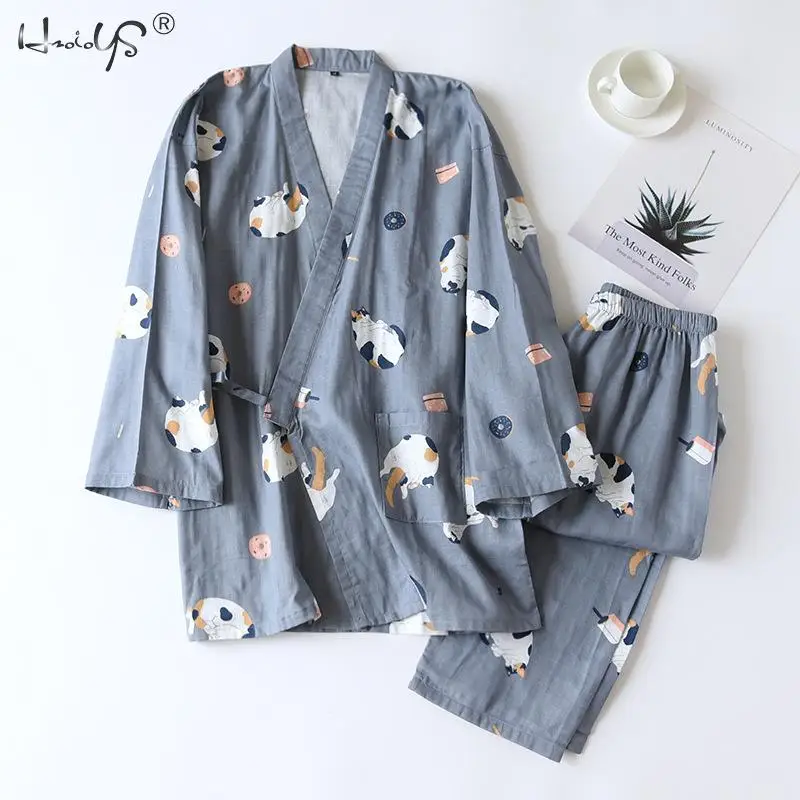 

Summer Couple Loungewear Women's Men Japanese-style Kimono Cotton Pajamas Suit Lover Family pajamas two-piece Home Service Suit