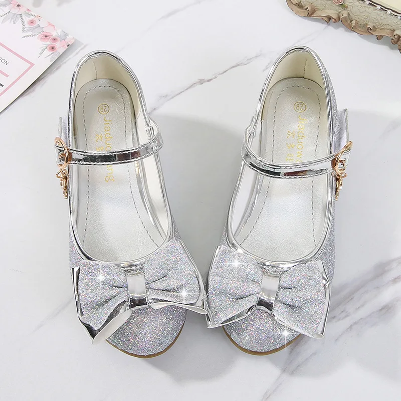 Girls Princess Shoes Butterfly Knot High-Heel Shiny Crystal Shoes Kids Leather Children's Single Birthday Present