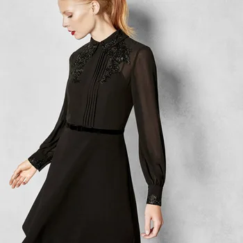 

New chiffon dress female spring show thin long sleeve a word in black dress OL workplace
