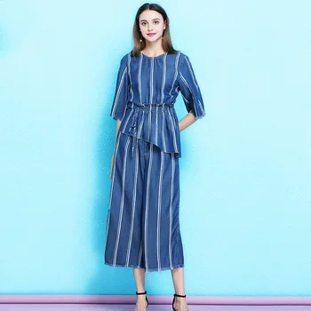 

Summer hipsters suit classic personality striped shirt and pants women's two-piece folds lace up waist suit NW19B6095