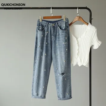 

Qiukichonson Korean Pants Women Pearl Beads High Waist Hole Ripped Jeans Straight Leg Denim Pants Ladies broeken woman