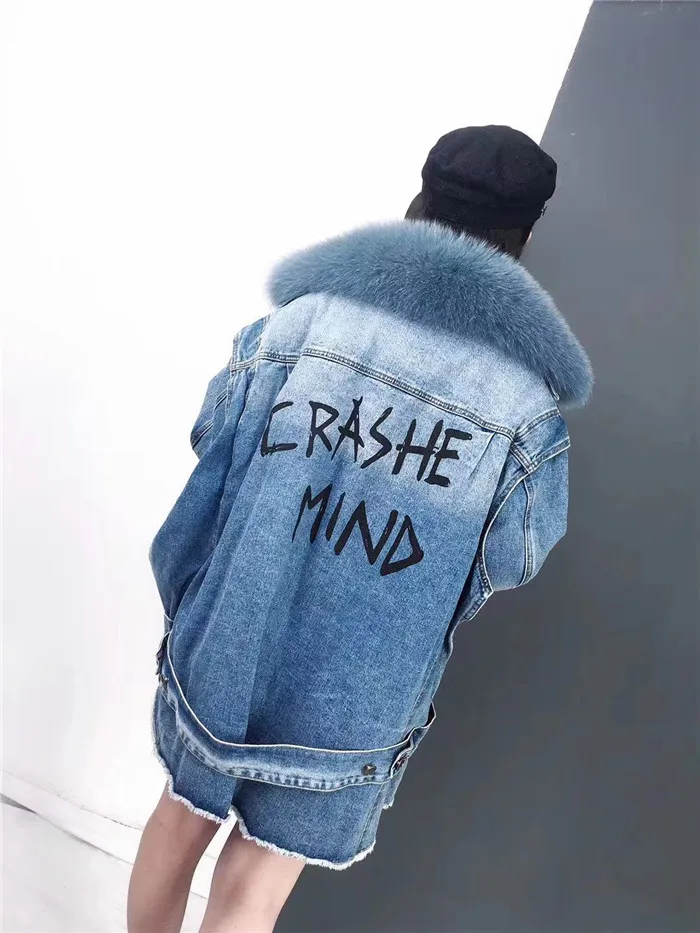 real fur coat Winter Jacket Women Coat Real fox Fur lined denim jacket Parka back letter print