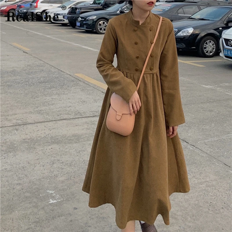 

RealShe Women Maxi Dress Cotton Stand Collor Long Sleeve Button A-Line Women Dress 2020 Spring Casual Fashion Long Dress Elegant