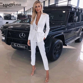 

UpAvonu 2020 Spring New Women'S Ol Set Two-Piece Sexy Deep V Lapel Long Sleeve With Belt White Jacket And Bodycon Pants Set