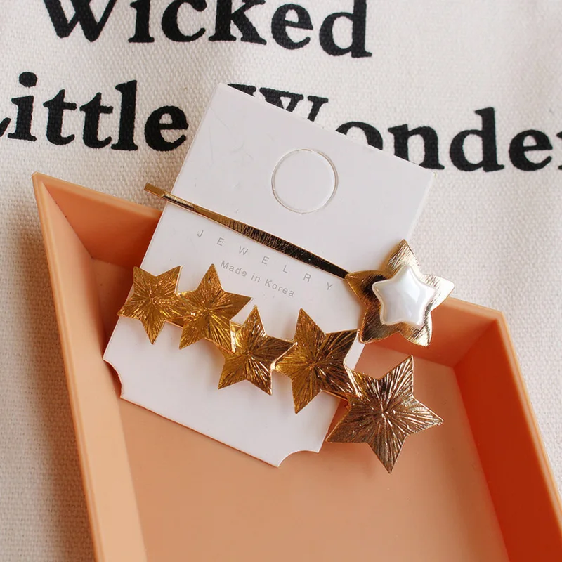 White star Hairpin Корейская мода металлическая Золотая заколка в виде геометрических фигур имитация жемчуга любовь письмо заколка для волос блестящая Звезда длинная полоса Заколка-Утконос - Окраска металла: White star Hairpin