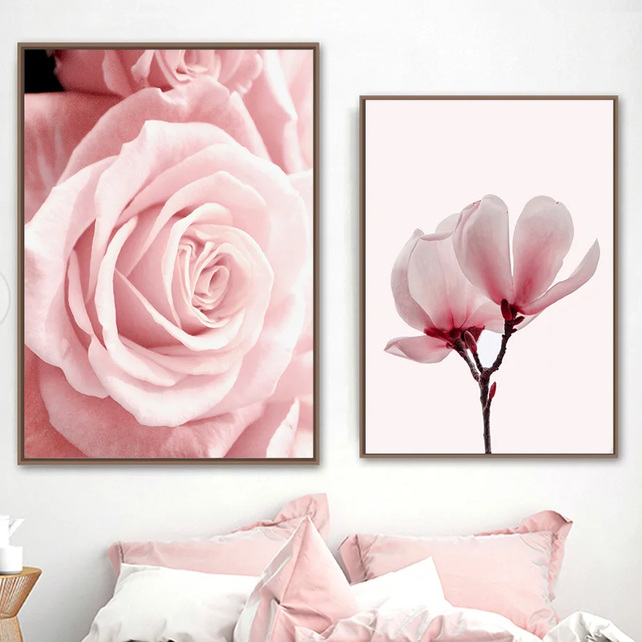 Pink Rose Magnolia Carnation Plant Swan Wall Art Canvas Painting Nordic Posters And Prints Wall Pictures For Living Room Decor