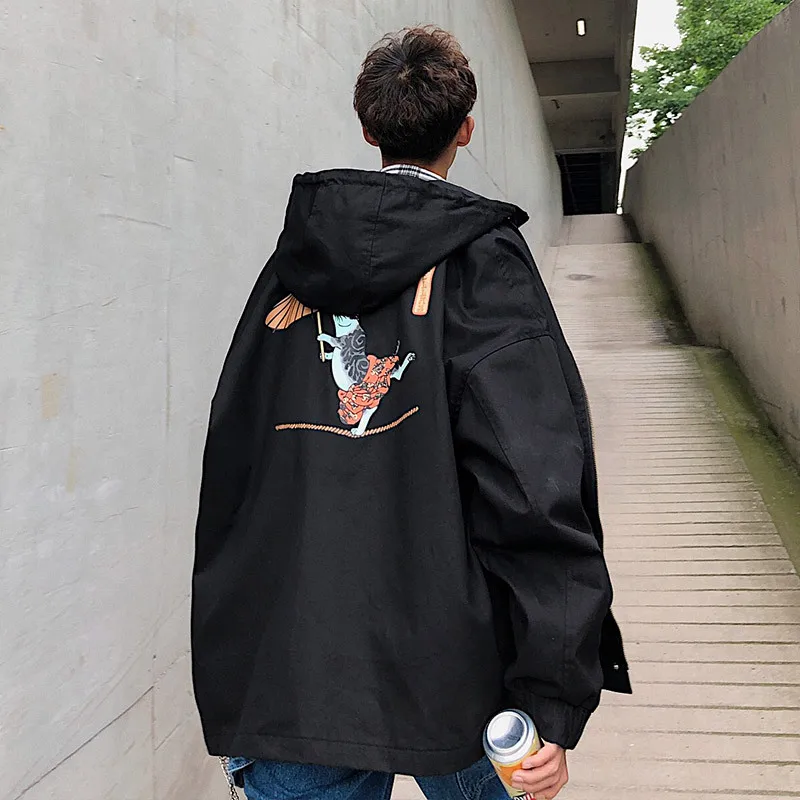 New Sweatshirt Men Street Long Sleeve Loose Jacket Coat Japan Style Cartoon Printed Hooded Zipper Male Outwear M-2XL