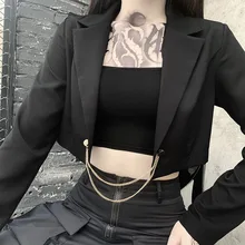Chaqueta informal de estilo Punk para mujer, traje negro con cadena de Metal, chaqueta Vintage de manga larga, moda coreana, Tops recortados