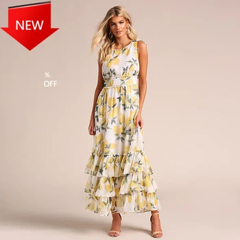 

O Neck Cascading Ruffle Vintage Vestidos Beach Casual Wear Boho Long Dress Lemon Print Maxi Dress Women Summer 2020 Sleeveless
