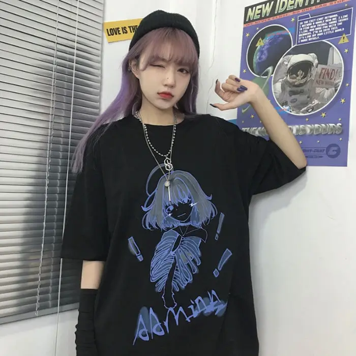 Goth Streetwear Short Sleeve Top Tee Female Kawaii y2k mujer gothic kpop shirt футболка Harajuku Print Black Crop Women T-shirts