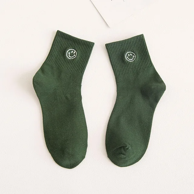 Smile Embroidery Woman Cotton Crew Socks Autumn Winter Cute Casual Elastic Ribbon Solid Color White Black Girl Tube Socks Chic green