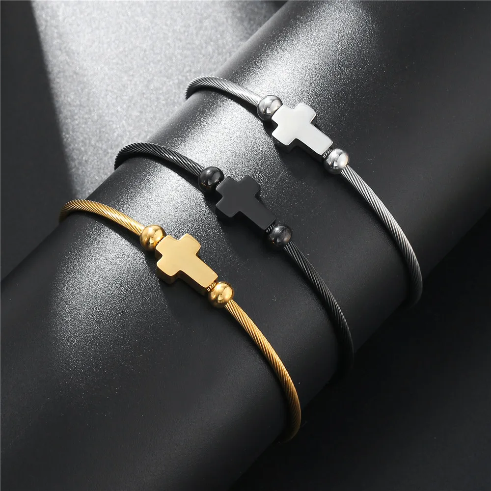 Bangle Bracelet Stylish Cross Bangle for Women Men Glossy Stainless Steel Cuff Bracelet Unisex Religious Faith Open Cross Bangle Jewelry bangle bracelet stainless steel bracelet