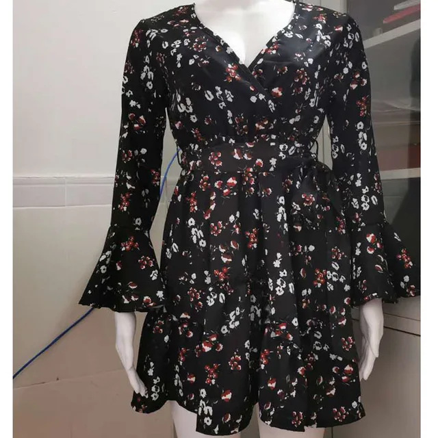 Women Mini Long Sleeve Floral Casual V-Neck Short Dress For Party, Casual, Sport and many occasions