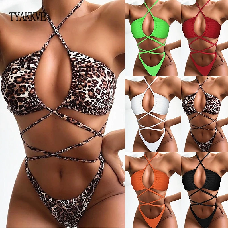 

2020 Leopard Thong Bikini Set Padded Bra Women Push-up Solid Swimwear Halter Bandage Bathing Suit Swimsuit Swimming Suit Biquini