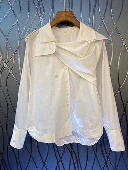 

2020 New Style for Autumn and Winter Women's Lapel Irregular Stitching Decorations Long Sleeves Solid Color Wild Shirt 906