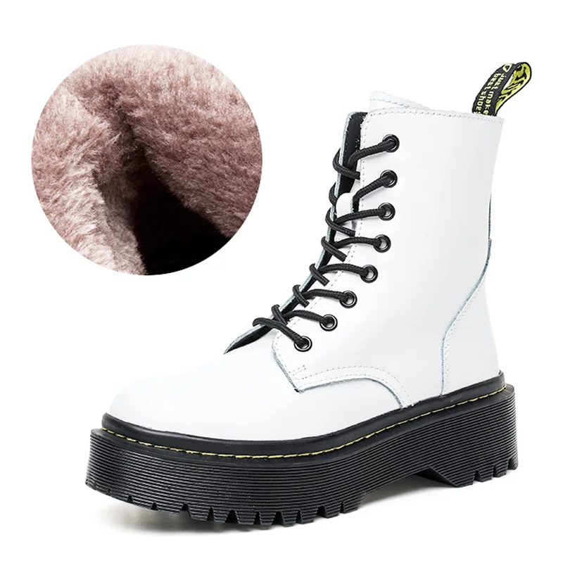 White Fur Женские ботинки; ботинки из натуральной кожи на плоской платформе; женская обувь; сезон осень-зима; ботильоны на меху; Кожаные Ботинки на каблуке; Botas Mujer - Цвет: White Fur